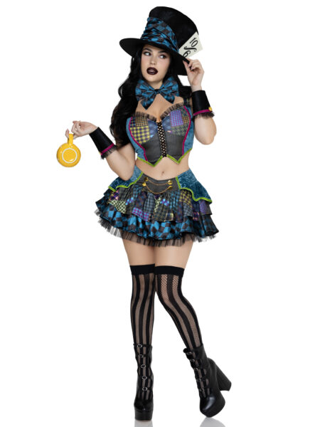 5 PC Darling Mad Hatter Costume, Includes Patchwork Print Top, Skirt, Bow Tie, Wrist Cuffs, and Hat. - MULTICOLOR
