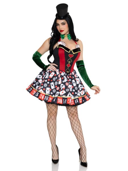 3 PC Lady Luck Costume, Includes Playing Card Dress with Roulette Skirt, Dollar Sign Bow Tie, and Velvet Gloves. - MULTICOLOR