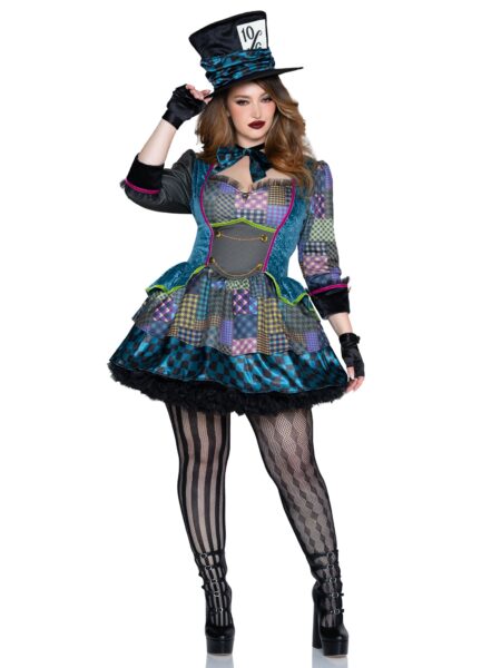 Plus Size 3 PC Charming Mad Hatter Costume, Includes Patchwork Dress, Bow Tie, and Hat. - MULTICOLOR