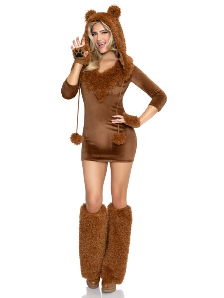 4 PC Honey Bear Costume, Includes Plush Velvet Dress with Furry Trim, Paw Gloves, Ear Hood, and Leg Warmers. - BROWN