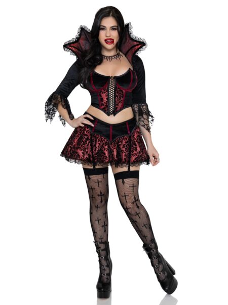 2 PC Love Bite Vampire Costume, Includes Top with Lace Trimmed Stay-Up Collar and Garter Skirt. - BLACK/RED