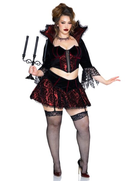 Plus Size 2 PC Love Bite Vampire Costume, Includes Top with Lace Trimmed Stay-Up Collar and Garter Skirt. - BLACK/RED