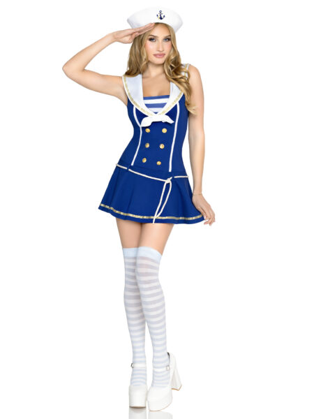 3 PC Sailor Sweetie Costume, Includes Dress with Button Accents, Rope Belt, and Sailor Hat. – BLUE — Pleasure Zone Houston