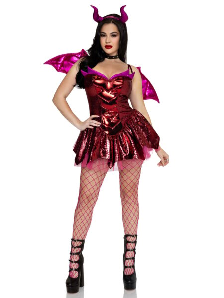 5 PC Fiery Dragon Costume, Includes Dress with Scale Skirt, Pin-On Tail, Dragon Wings, Studded Choker, and Horn Headband. - RED