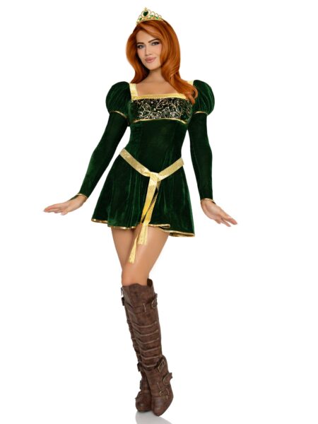 3 PC Swamp Princess Costume, Includes Velvet Dress with Gauntlet Sleeve, Belt, And Crown. - GREEN