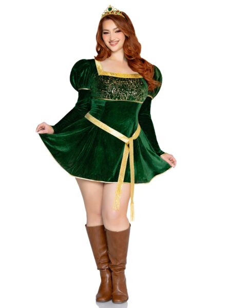 Plus Size 3 PC Swamp Princess Costume, Includes Velvet Dress with Gauntlet Sleeve, Belt, And Crown. - GREEN