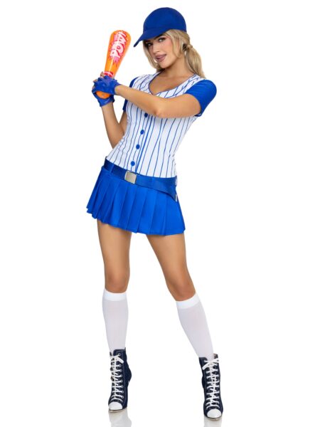 5 PC Home Run Hitter Costume, Includes Button-Up Dress with Pleated Skirt, Belt, Gloves, Hat, and Inflatable Bat. - BLUE