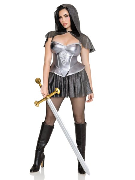 2 PC Rebel Knight Costume, Includes Metallic Dress and Faux-Chain Mail Hooded Capelet. - SILVER