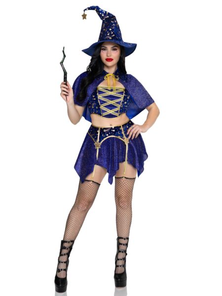 4 PC Starstruck Wizard Costume, Includes Glitter Velvet Top, Garter Skirt, Cape, and Hat. - BLUE