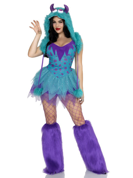 3 PC Monster Hottie Costume, Includes Dress with Tattered Tulle Skirt, Leg Warmers and Furry Monster Hood. - MULTICOLOR