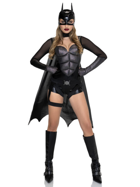 4 PC Dark Crimefighter Costume, Includes Gloved Bodysuit with Padded Abs, Cape, Harness Belt, and Mask. - BLACK
