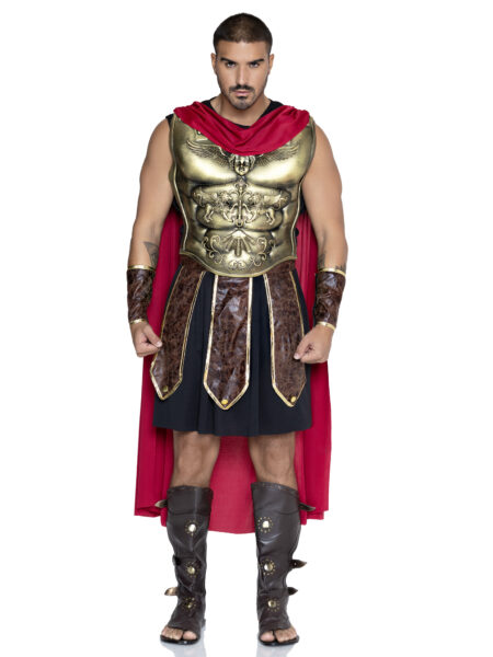 5 PC Men’s Battle Gladiator Costume, Includes Tunic, Faux Leather Panel Belt, Cape, Molded Chest Plate, and Wrist Cuffs. – MULTICOLOR — Pleasure Zone Houston