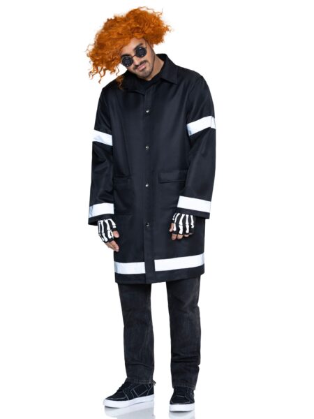 Men's 3 PC Mystery Messenger Costume, Includes Coat with Reflective Trim, Glasses, and Fingerless Gloves. - BLACK