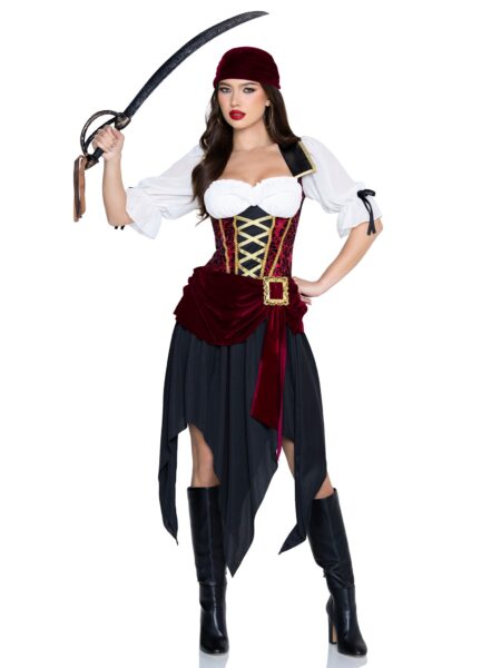 2 PC Pirate Beauty Costume, Includes Dress with Brocade Waist and Chiffon Sleeves, Attached Velvet Sash with Buckle Detail, and Matching Head Scarf. - MULTICOLOR