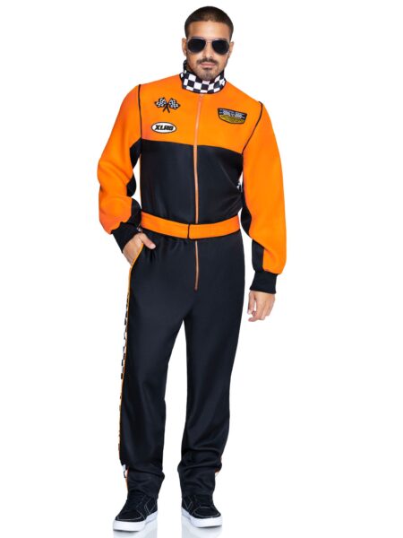 Men's 2 PC Grand Prix Pro Costume, Includes Jumpsuit with Pockets, Two-Way Zipper, and Belt. - MULTICOLOR