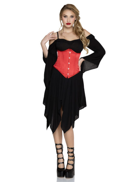 Steel Boned Satin Waist Cincher with Full Busk Closer and Lace-Up Back. - RED