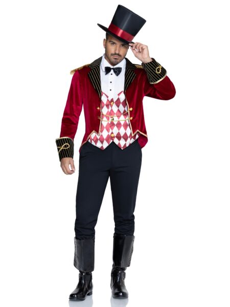 Men's 3 PC Ring Master Costume, Includes Velvet Jacket with Tailcoat and Attached Vest, Dickey, and Top Hat. - MULTICOLOR