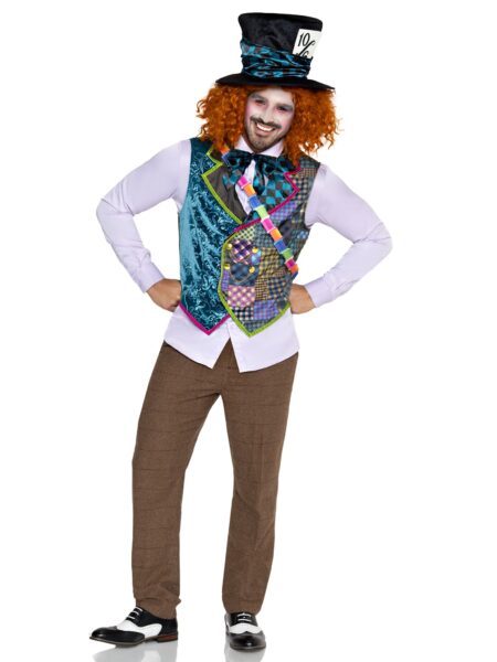 Men's 4 PC Mad Hatter Costume Kit, Includes Patchwork Vest, Bow Tie, Sash, and Hat. - MULTICOLOR