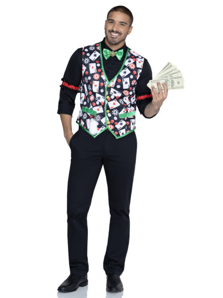 Men's 3 PC Casino Costume Kit, Includes Playing Card Vest with Attached Lucky Rabbit's Foot, Dollar Sign Bow Tie, and (2) Arm Bands. - MULTICOLOR