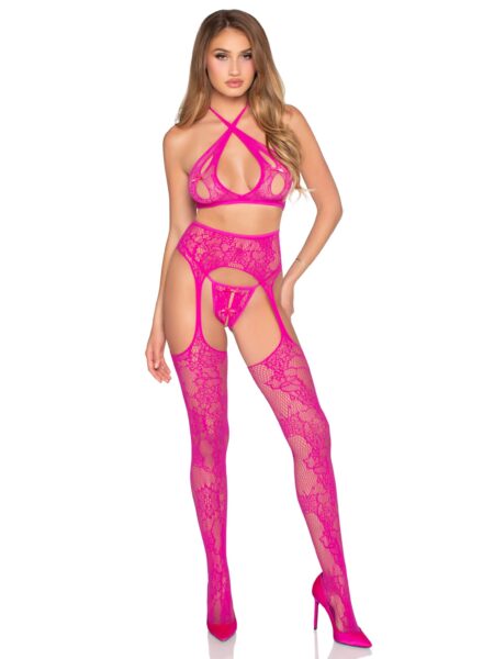 3 PC Lace Open Cup Cross-Over Bra Top, Crotchless Panty, and Garter Belt Stockings - MAGENTA