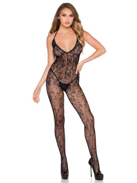 Scalloped Trimmed Crotchless Lace Lingerie Jumpsuit - BLACK