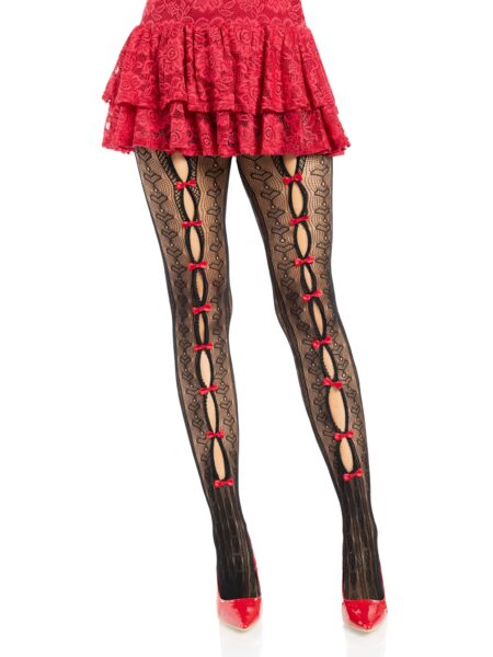 Sweetheart Striped Net Tights with Keyhole and Mini Bow Detail - BLACK/RED