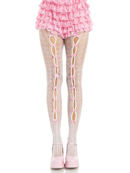 Sweetheart Striped Net Tights with Keyhole and Mini Bow Detail - WHITE/PINK