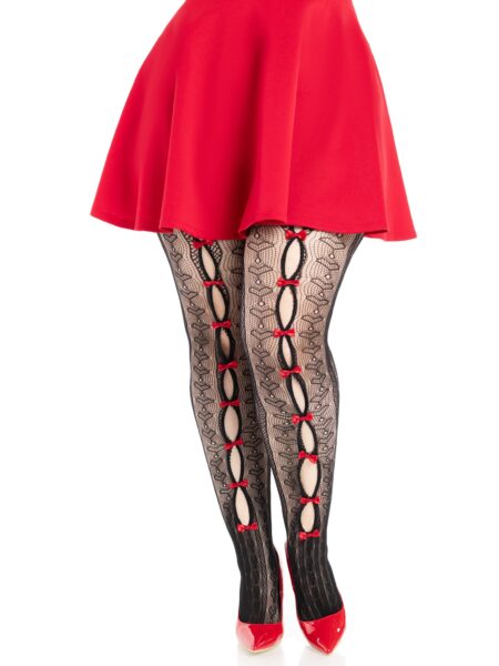 Plus Size Sweetheart Striped Net Tights with Keyhole and Mini Bow Detail - BLACK/RED