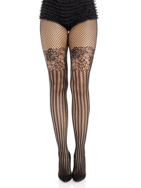 Illusion Lace Top Net Striped Tights - BLACK
