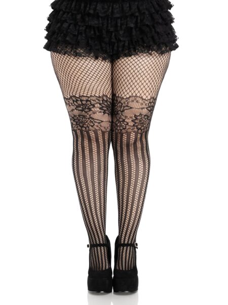 Illusion Lace Top Net Striped Tights - BLACK