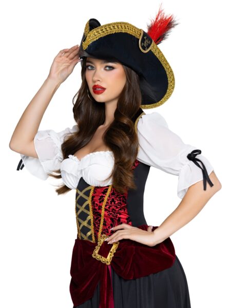 Pirate Hat with Skull Accent and Faux Feather Detail. - BLACK