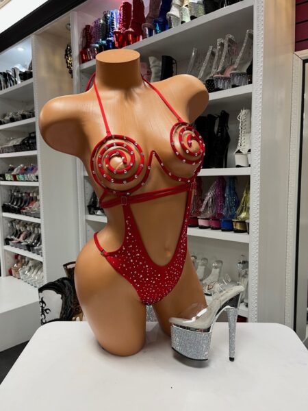 Red spiral bra panty set featuring candy-inspired spiral cups with rhinestone embellishments and a matching high-cut panty.