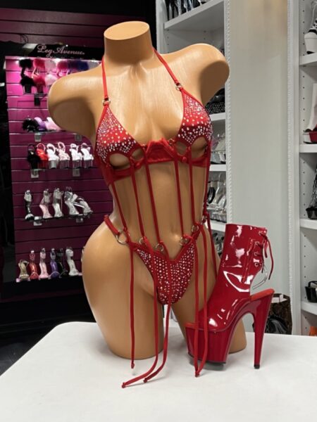 Red O Ring String Bikini featuring a rhinestone triangle top, matching rhinestone thong, polished O-ring hardware, adjustable halter ties, and a minimal coverage design.