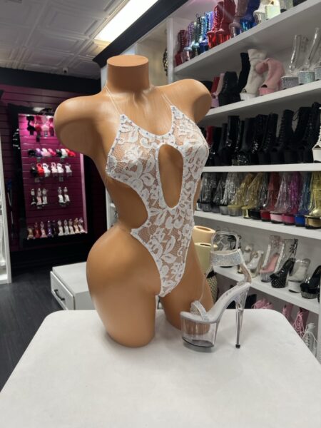 White Lace Crystal Monokini with sheer floral lace, clear straps and open front