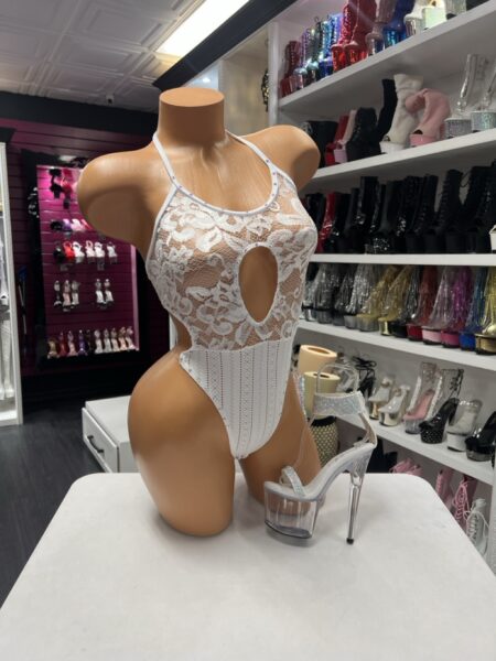 White Lace Keyhole Bodysuit with sheer floral lace and front opening