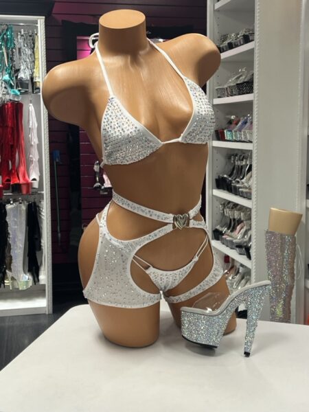 White Crystal Bikini Chaps three-piece set with heart detail