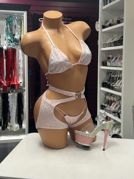 Pink Crystal Bikini Chaps three-piece set with heart detail