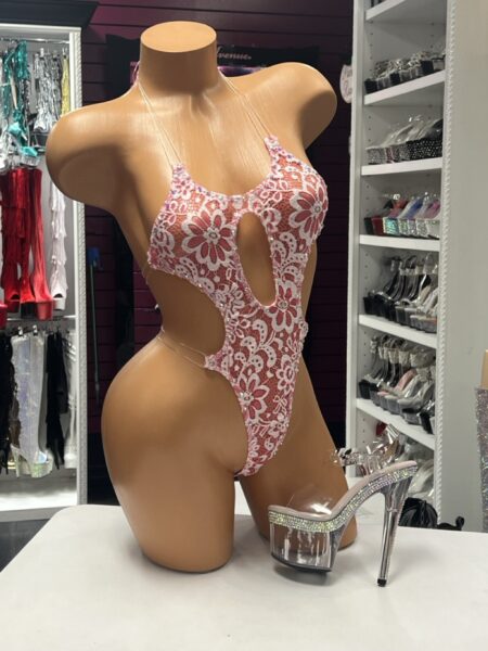 Pink Lace Net Bodysuit with white floral pattern and sparkling accents