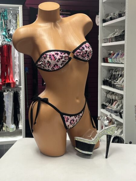 Pink Crystal Leopard Bikini with black trim and tie-side bottoms