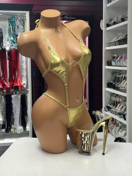Gold Ring Strap Monokini with metallic finish, center ring and open sides