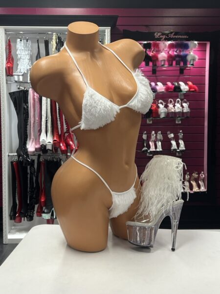 White Furry Bikini Set with triangle halter top and matching furry string bottom