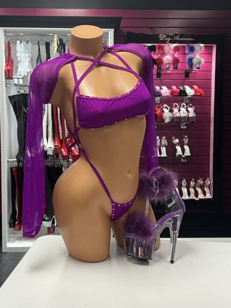 Purple Strappy Sling Set with long sheer sleeves and sparkling details
