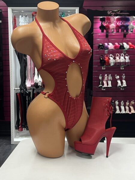 Red Ring Halter Bodysuit with sheer red fabric, sparkling accents and gold-tone hip rings