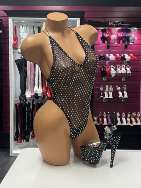 Black Crystal Mesh Bodysuit with all-over sparkling crystals, sheer fabric, plunging neckline and high-cut legs