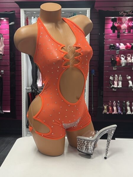 Orange Rhinestone Cutout Romper with lace-up front, sparkling rhinestones and open side details