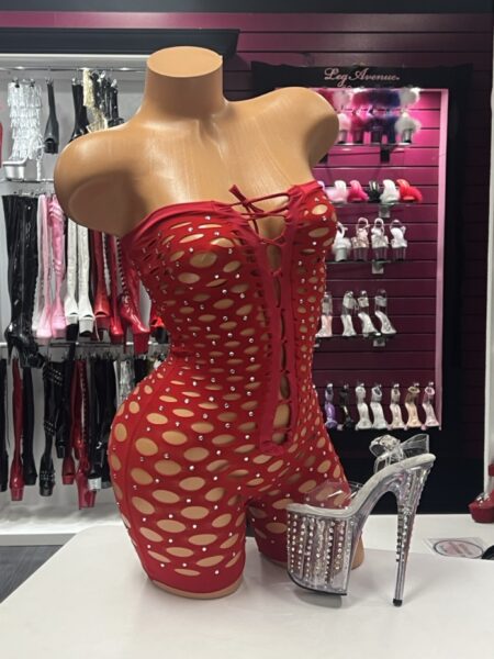 Red Shredded Laceup Romper with strapless neckline, front lacing and sparkling accents
