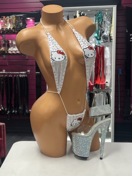White Kitty Crystal Sling with sparkling accents and red bow details