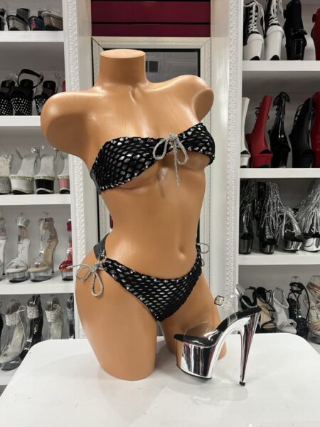 Black Net Strapless Bikini with crystal bow accents