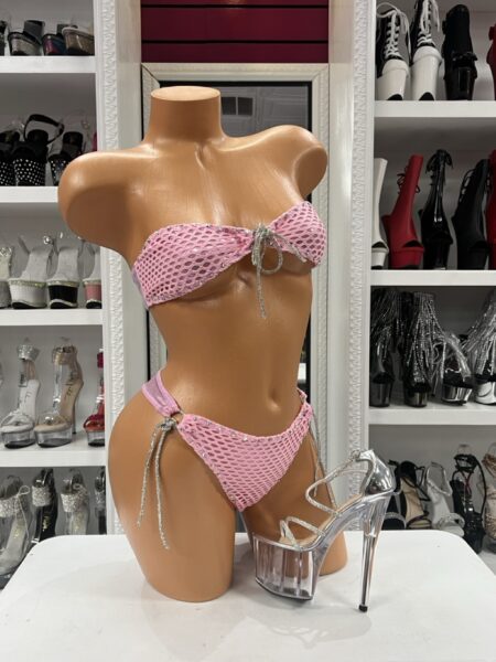 Pink Net Strapless Bikini with crystal trim and dangling ties