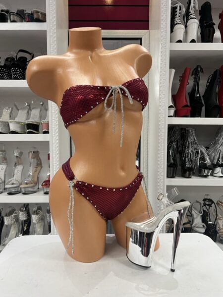 Burgundy Net Strapless Bikini with crystal trim and dangling ties